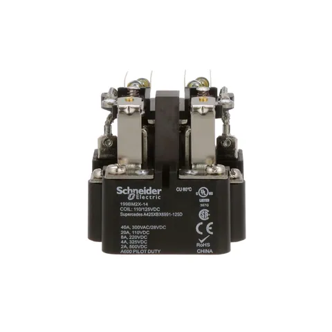 Schneider Electric 199BM2X-14 Power relay, SE Relays, DPDT, 40A, 120 VDC, magnetic blowout, auxiliary switch, open type — General Accessories