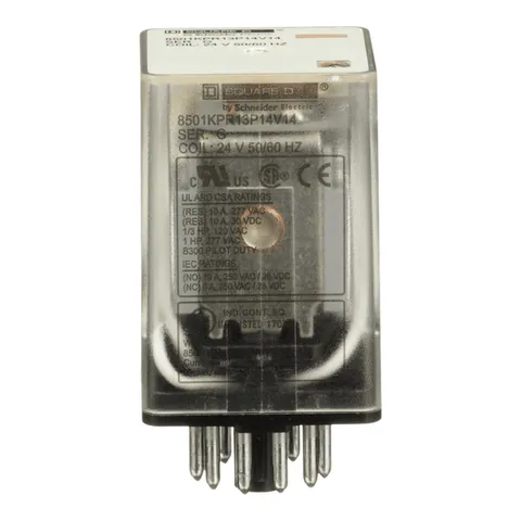 Schneider Electric 8501KPR13P14V14 Plug in relay, Type KP, tubular, 1 HP at 277 VAC, 10A resistive at 120 VAC, 11 pin, 3PDT, 3 NO, 3 NC, 24 VAC coil, light — General Accessories