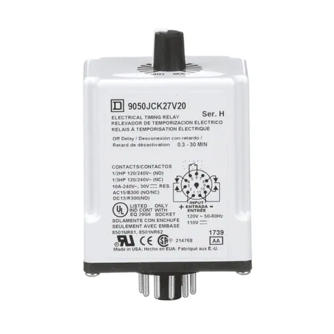 Schneider Electric 9050JCK27V20 Timer, Harmony 9050 JCK, off delay, adjustable time, 0.3 to 30 minutes, 10A, 240V AC, 120V AC/110V DC — General Accessories