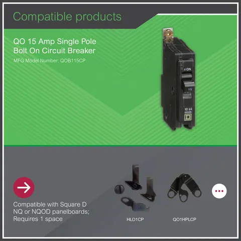 Schneider Electric QOB115 Mini circuit breaker, QO, 15A, 1 pole, 120/240VAC, 10kA, bolt on mount — General Accessories