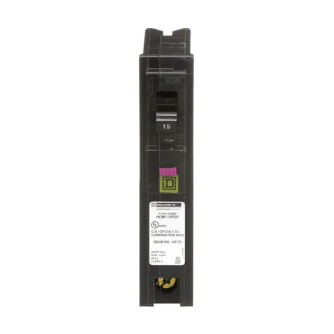 Schneider Electric HOM115PDF Mini circuit breaker, Homeline, 15A, 1 pole, 120VAC, 10kA AIR, combo ARC/ground fault, plug on neutral, plug in, UL — Accessori generali