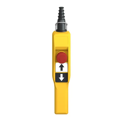 Schneider Electric XACA2053 Pendant control station, Harmony XAC, plastic, yellow, pistol grip, 2 push buttons with NO+NC, 1 emergency stop NC — HMIs & Industrial PCs