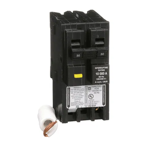 Schneider Electric HOM230GFI Homeline Miniature Circuit Breaker, 30A, 2 Pole, 120/240VAC, 10kA AIR, Ground Fault Class A, Plug-In Mounting — General Accessories