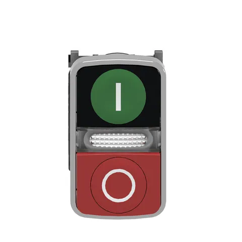 Schneider Electric XB4BW73731M5 Illuminated double headed push button, Harmony XB4, metal, 22mm, 1 green flush I + 1 pilot light + 1 red projecting O, 240V AC, 1NO + 1NC — Schalter & modulare Geräte