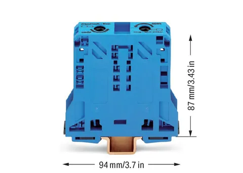 Wago 285-154 POWER CAGE CLAMP feedthrough terminal block; DIN 35 x 15 rail mount; 2-conductor; 2/0 AWG fine-stranded, 1/0 AWG solid/stranded; 20 mm wide; blue — Reihenklemmen / Klemmleisten
