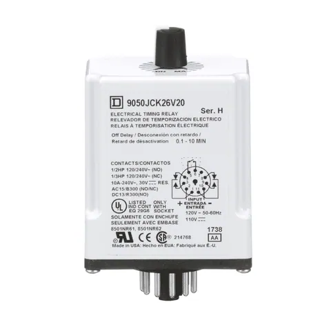 Schneider Electric 9050JCK26V20 Timer, Harmony 9050 JCK, off delay, adjustable time, 0.1 to 10 minutes, 10A, 240V AC, 120V AC/110V DC — General Accessories