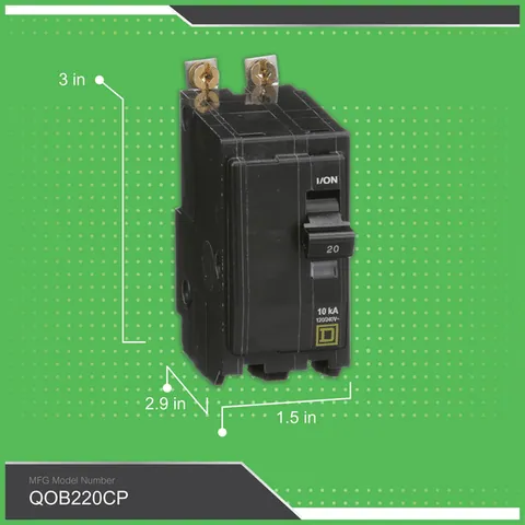 Schneider Electric QOB220 Mini circuit breaker, QO, 20A, 2 pole, 120/240VAC, 10kA, bolt on mount — General Accessories