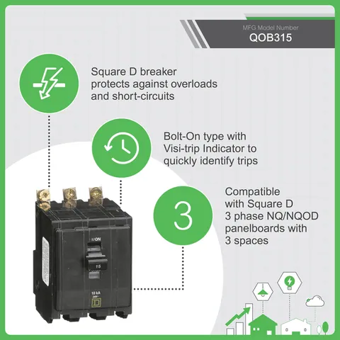 Schneider Electric QOB315 Mini circuit breaker, QO, 15A, 3 pole, 120/240VAC, 10kA, bolt on mount — Circuit Breakers & Fuses