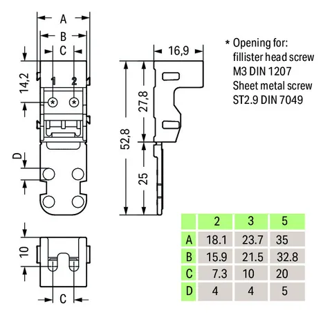 Wago 221-502 Mounting carrier, 221 series (24-12 AWG); 2-conductor; for panel mount; white — Terminal Blocks