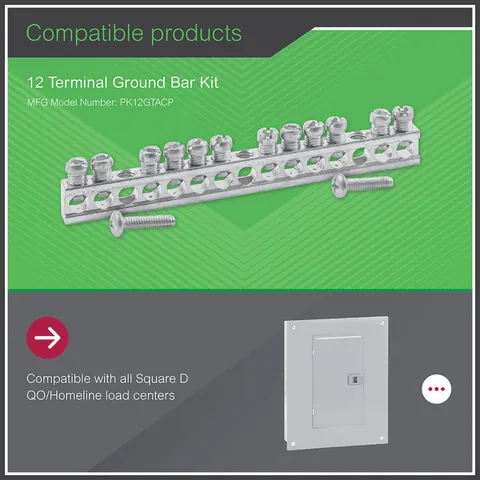 Schneider Electric PK12GTA Load center accessory, QO/Homeline, ground bar kit, 12 terminals — Circuit Breakers & Fuses