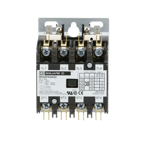 Schneider Electric 8910DPA34V02 Definite Purpose Contactor, 30A, 4 Pole, 20HP at 575VAC, 3 Phase, 110/120VAC 50/60Hz Coil, Open — Control & HMI