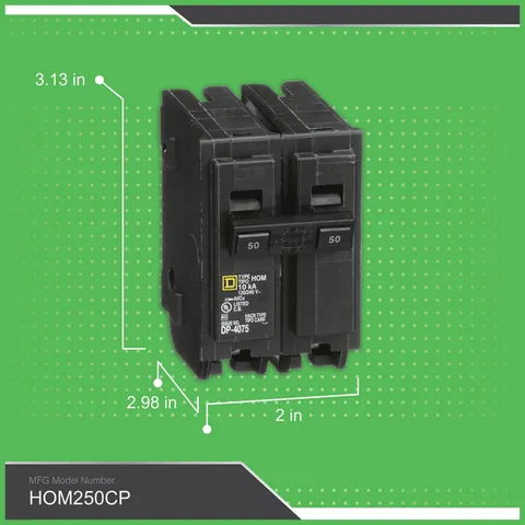 Schneider Electric HOM250 Mini circuit breaker, Homeline, 50A, 2 pole, 120/240VAC, 10kA AIR, standard type, plug in, UL — General Accessories