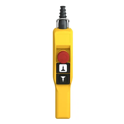 Schneider Electric XACA2173 Pendant control station, Harmony XAC, plastic, yellow, pistol grip, 2 booted push buttons with 2NO, 1 emergency stop NC — General Accessories