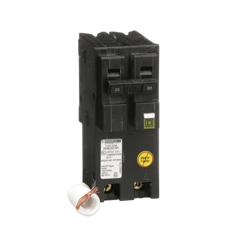Schneider Electric HOM220CAFI Mini circuit breaker, Homeline, 20A, 2 pole, 120VAC, 10kA AIR, combo arc fault, pigtail neutral, plug in, UL — General Accessories