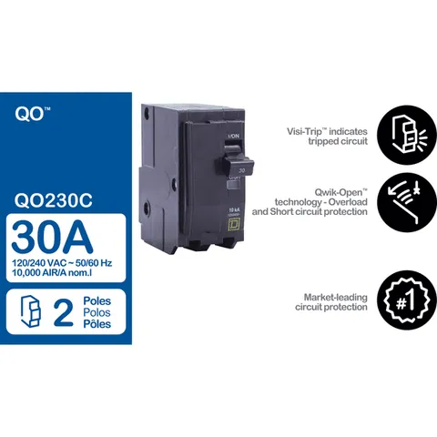 Schneider Electric QO230 Mini circuit breaker, QO, 30A, 2 pole, 120/240VAC, 10kA, plug in mount — Accessori generali