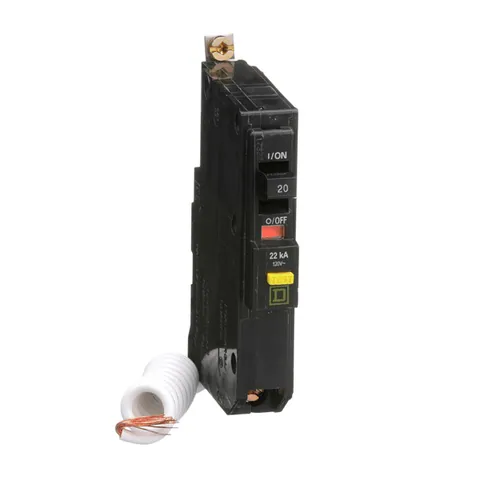 Schneider Electric QOB120VHGFI Mini circuit breaker, QO, 20A, 1 pole, 120VAC, 22kA, 6mA grd fault A, pigtail, bolt on mount — Accesorios generales