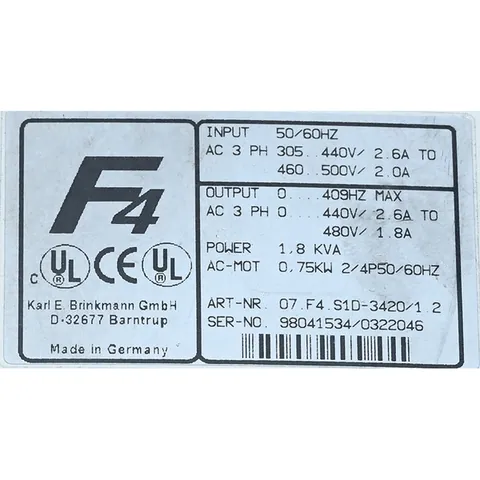 Keb 07.F4.S1D-3420/1.2 Inverter 0.75kW 07.F4.S1D-3420/1.2 — VFDs & Frequency Converters