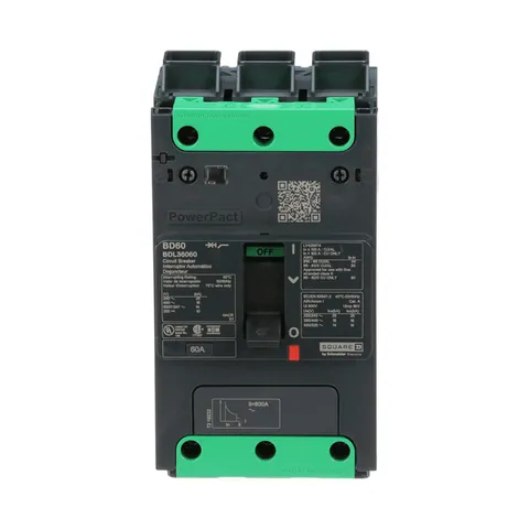 Schneider Electric BDL36060 Thermal-Magnetic Circuit Breaker, PowerPacT B, 60A, 3 Pole, 600Y/347VAC, 14kA, Lugs, 80% — General Accessories