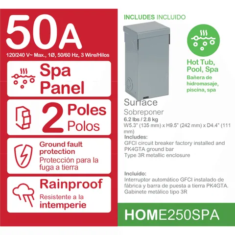 Schneider Electric HOME250SPA Enclosed circuit breaker, Homeline, 2 pole, 50A, NEMA 3R, ground fault interrupt — General Accessories