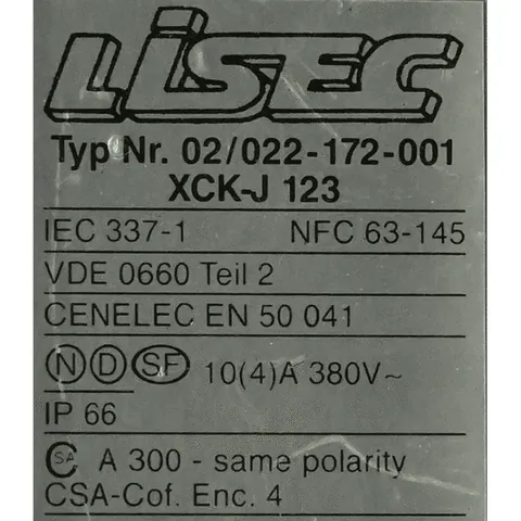 Lisec XCK-J 123 XCK-J 123 – Limit Switch Sensor, IP66, 10A 380V, Type 02/022-172-001 — Switches & Modular Apparatus