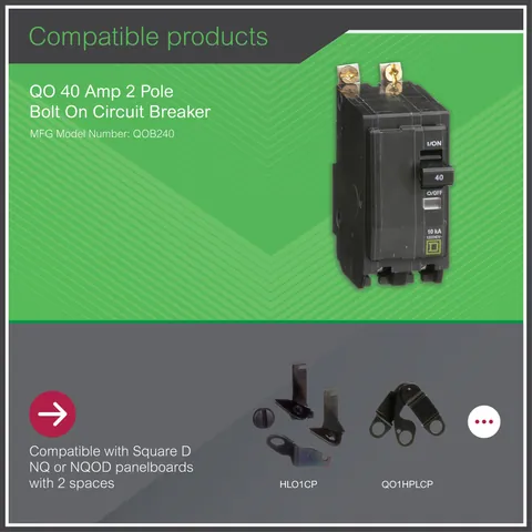Schneider Electric QOB240 Mini circuit breaker, QO, 40A, 2 pole, 120/240VAC, 10kA, bolt on mount — General Accessories