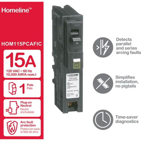 Schneider Electric HOM115PCAFI Mini circuit breaker, Homeline, 15A, 1 pole, 120VAC, 10kA AIR, combo arc fault, plug on neutral, plug in, UL — General Accessories