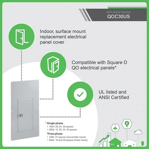 Schneider Electric QOC30US Replacement cover, QO, for 30 space load center, surface, gray — General Accessories