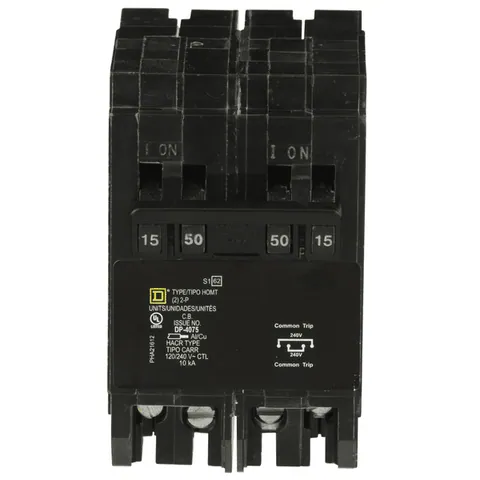 Schneider Electric HOMT215250 Quad tandem circuit breaker, Homeline, 1 x 2 pole at 15A, 1 x 2 pole at 50A, 120/240VAC, 10kA AIR, plug in, UL — Accessori generali