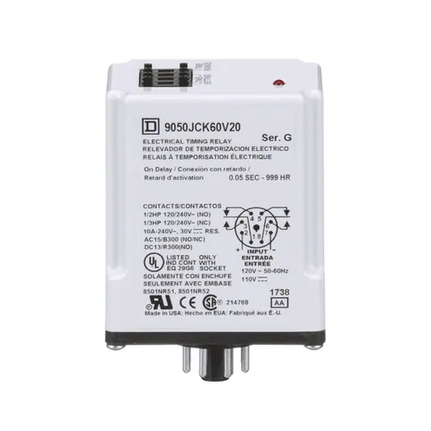 Schneider Electric 9050JCK60V20 Timing Relay, Type JCK, plug In, on delay, programmable, 0.5 second to 999 hours, 10A, 240 VAC, 120 VAC/110 VDC — General Accessories