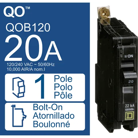 Schneider Electric QOB120 Mini circuit breaker, QO, 20A, 1 pole, 120/240VAC, 10kA, bolt on mount — Circuit Breakers & Fuses