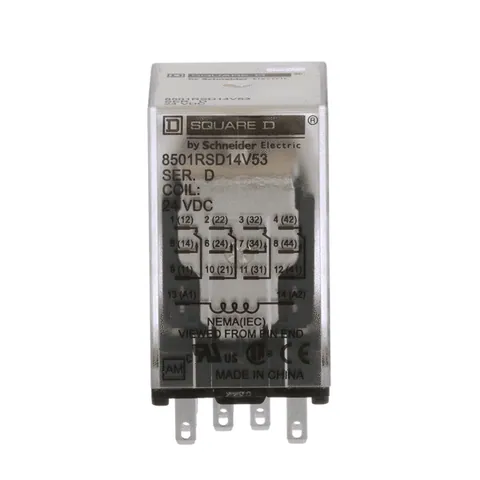 Schneider Electric 8501RSD14V53 Plug in relay, Type R, miniature, 0.5 HP at 277 VAC, 8A resistive at 120 VAC, 14 blade, 4PDT, 4 NO, 4 NC, 24 VDC coil — General Accessories