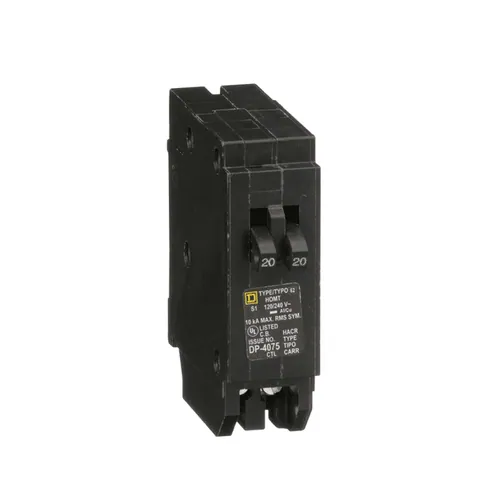 Schneider Electric HOMT2020 Tandem circuit breaker, Homeline, 2 x 1 pole at 20A, 120/240VAC, 10kA AIR, plug in, UL — General Accessories
