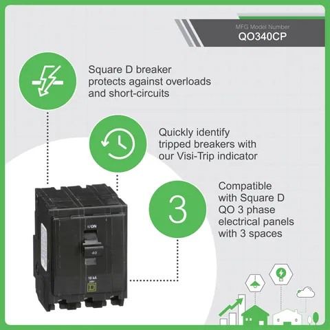 Schneider Electric QO340 Mini circuit breaker, QO, 40A, 3 pole, 120/240VAC, 10kA, plug in mount — Akcesoria ogólne