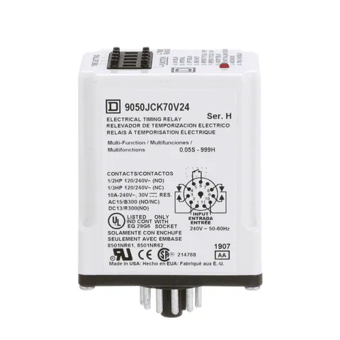Schneider Electric 9050JCK70V24 Timing Relay, Type JCK, plug In, multifunction, programmable, 0.5 second to 999 hours, 10A, 240 VAC, 240 VAC 50/60 Hz — General Accessories