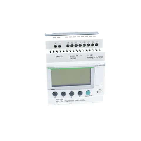 Schneider Electric SR2B122BD compact smart relay, Zelio Logic SR2 SR3, 12 IO, 24V DC, clock, display, 4 transistor outputs — Control & HMI