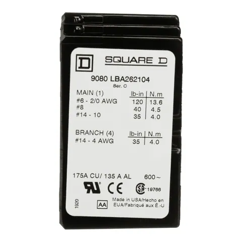 Schneider Electric 9080LBA262104 Power distribution block, Linergy, 2 pole, 1 line, 4 load, 175A Cu, 135A Al, 600V — Accesorios generales