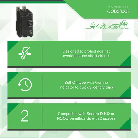 Schneider Electric QOB230 Mini circuit breaker, QO, 30A, 2 pole, 120/240VAC, 10kA, bolt on mount — Circuit Breakers & Fuses
