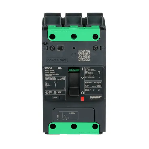 Schneider Electric BDL36030 Circuit breaker, PowerPacT B, 30A, 3 pole, 600Y/347VAC, 14kA, lugs, thermal magnetic, 80% — General Accessories