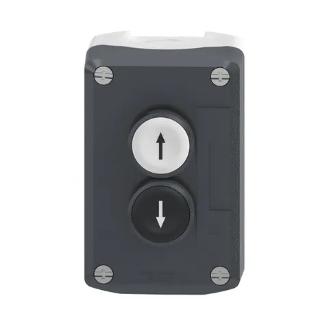 Schneider Electric XALD222 Control station, Harmony XALD, XALK, plastic, dark grey lid, 2 flush push buttons 22mm, marked UP ARROW DOWN ARROW, 2NO — Switches & Modular Apparatus
