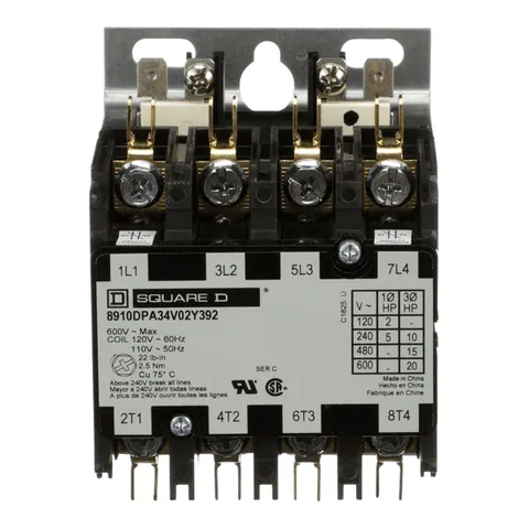 Schneider Electric 8910DPA34V02Y392 Contactor, Definite Purpose, 30A, 4 pole, 20HP at 575VAC, 3 phase, 110/120VAC 50/60Hz coil, open, 2 NC power poles — Accesorios generales