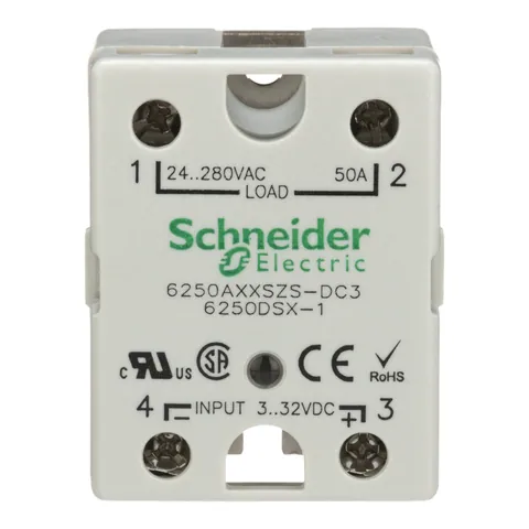 Schneider Electric 6250AXXSZS-DC3 Relay, SE Relays, solid state, SPST NO, 50A, 24…280 VAC, 3...32 VDC Uc, SCR AC zero cross, screw terminal — General Accessories