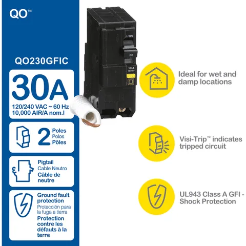 Schneider Electric QO230GFI QO Mini Circuit Breaker, 30A, 2 Pole, 120/240VAC, 10kA, Ground Fault A, Plug-In Mount — Circuit Breakers & Fuses