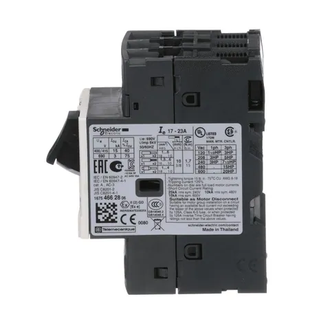 Schneider Electric GV2ME21 TeSys Deca Manual Starter and Protector, thermal magnetic circuit protector, push buttons, 17 to 23 A, screw clamp — Interruptores automáticos y fusibles