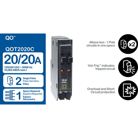 Schneider Electric QO2020CP Tandem Mini Circuit Breaker, QO, 2 x 1 Pole at 20A, 120/240VAC, 10kA, Plug-In Mount, Consumer Pack — Akcesoria ogólne