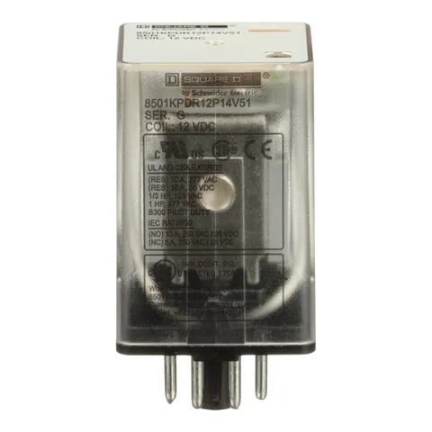 Schneider Electric 8501KPDR12P14V51 Plug in relay, Type KP, tubular, 1 HP at 277 VAC, 10A resistive at 120 VAC, 8 pin, DPDT, 2 NO, 2 NC, 12 VDC coil, light — General Accessories