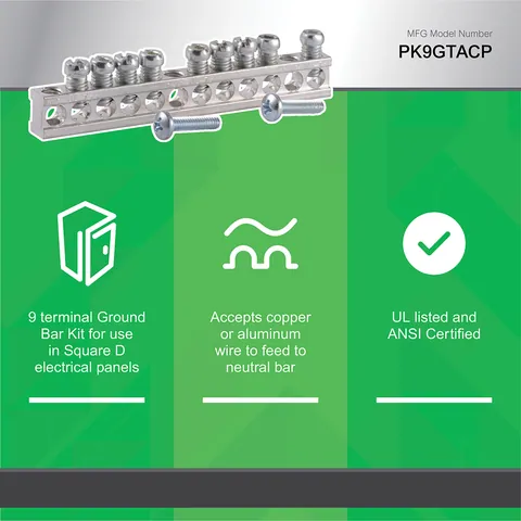 Schneider Electric PK9GTA Panelboard accessory, NQ, ground bar kit, 12 circuits, 225A max — Control & HMI