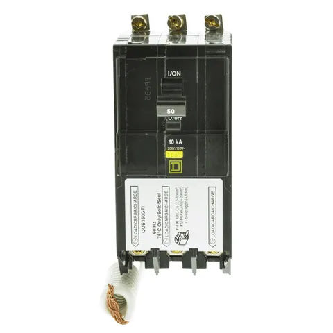 Schneider Electric QOB350GFI Mini circuit breaker, QO, 50A, 3 pole, 208Y/120VAC, 10kA, 6mA grd fault A, pigtail, bolt on mount — Accessori generali