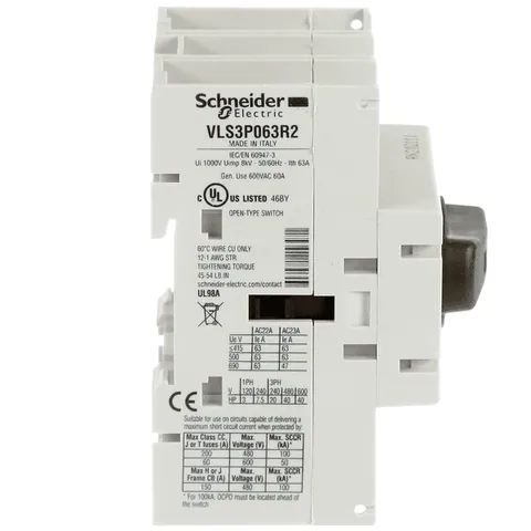 Schneider Electric VLS3P063R2 Disconnect switch, TeSys VLS, body switch, 60A, 40HP at 480VAC, UL98, three phase, 50kA SCCR, size 2, DIN rail mount — Switches & Modular Apparatus