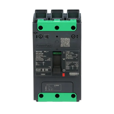 Schneider Electric BGL36100 Circuit breaker, PowerPacT B, 100A, 3 pole, 600Y/347VAC, 18kA, lugs, thermal magnetic, 80% — General Accessories