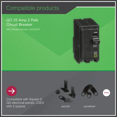 Schneider Electric QO225 Thermal Magnetic Circuit Breaker, 25A, 2 Pole, 120/240VAC, 10kA, Plug-In Mount — General Accessories